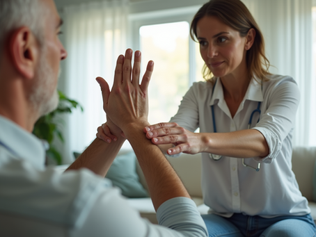 Therapist guiding a man through a hand exercise in a bright clinic room