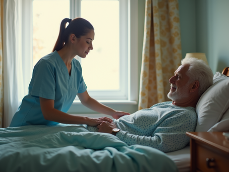 Nurse in blue scrubs holding an elderly patient’s hand in a bright hospital room by a window