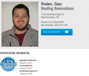 Gary Roden, roofing inspector, photo and contact details. Certified inspector, residential.
