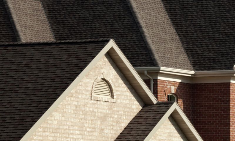 Close-up of a house roof with a vent, light brown shingles, and shadows.