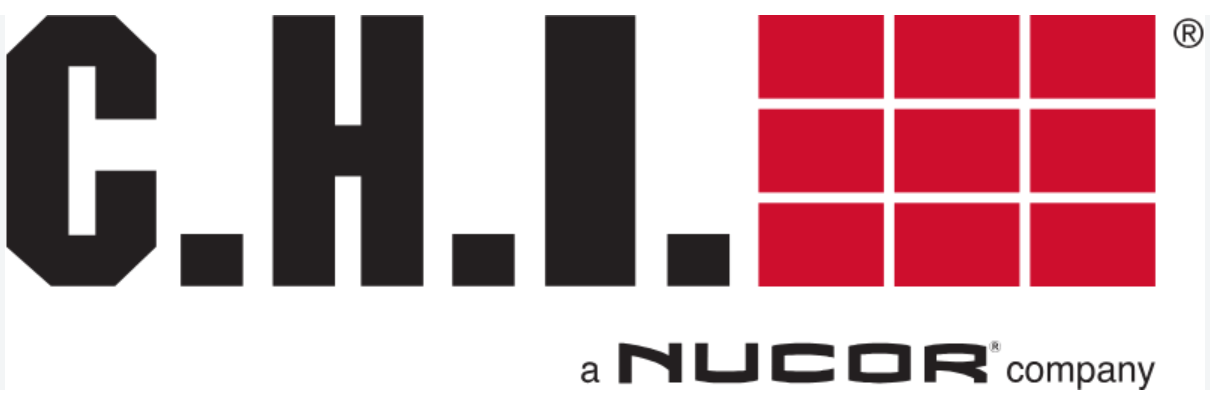 C.H.I. logo in black with red grid and “a Nucor company” text