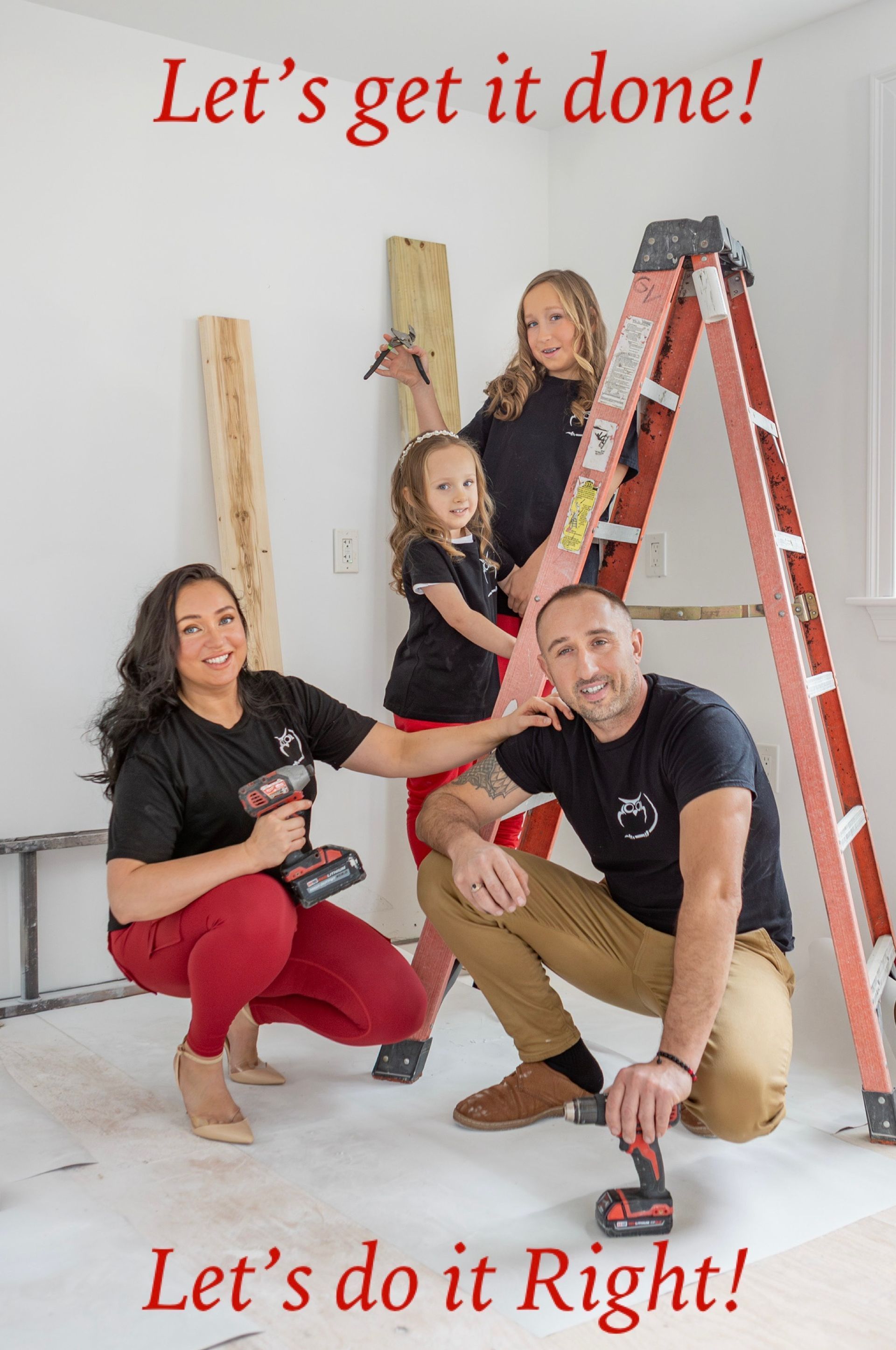 Four people, a ladder, and tools in a room under construction. Text: 