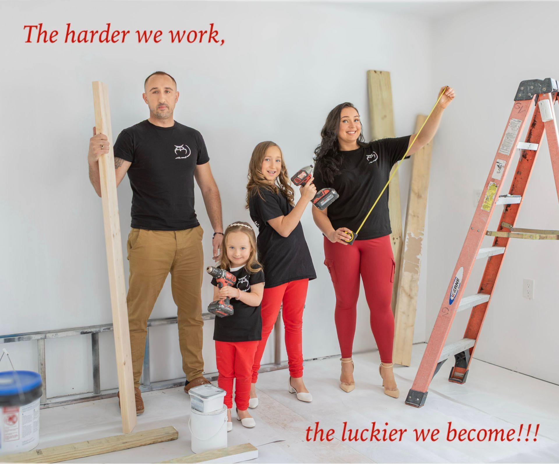 Family in a room, holding tools and wood. Text reads: 
