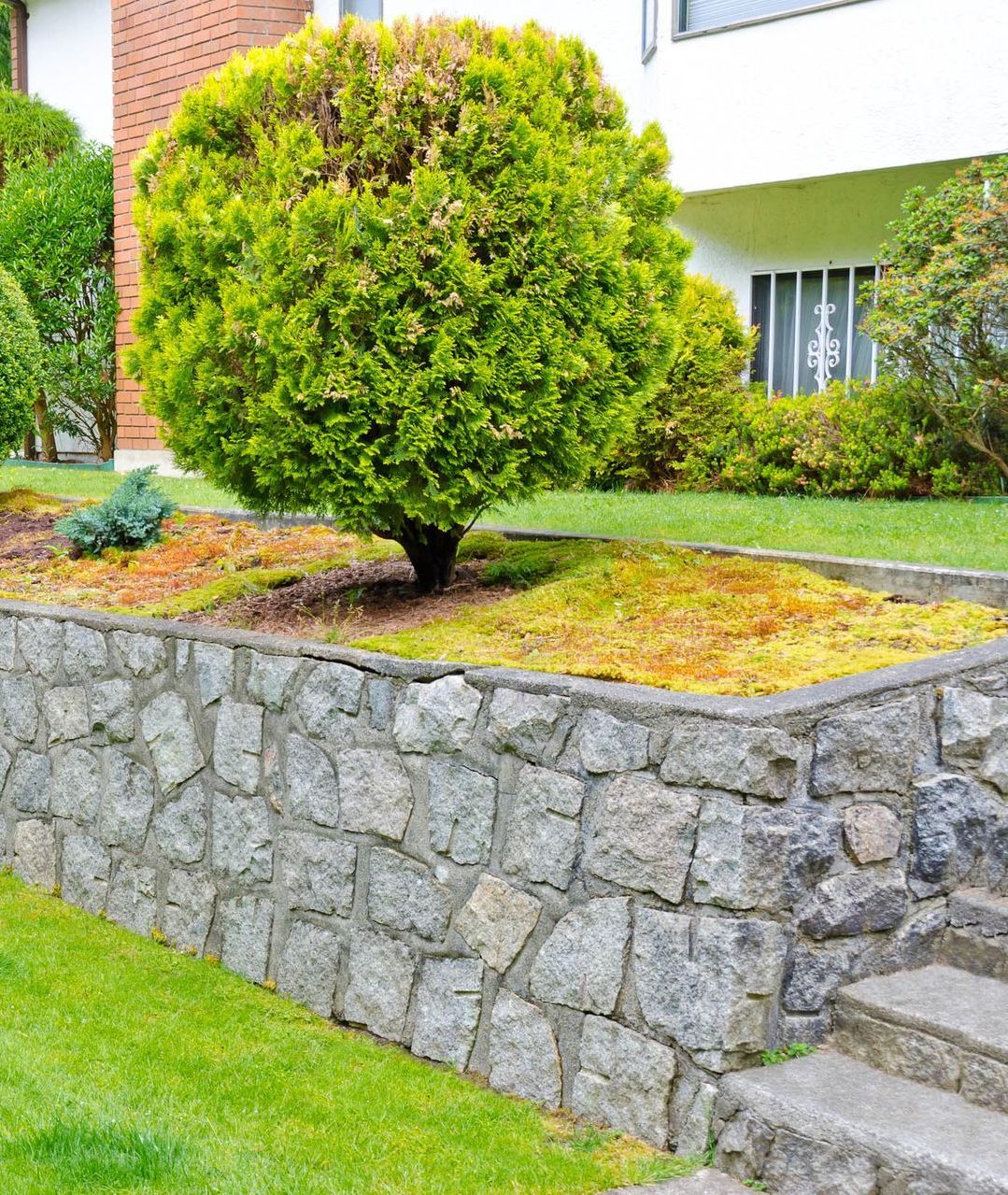 A stone wall surrounds a lush green yard with trees and bushes