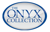 Logo for The Onyx Collection, white text on a blue oval, glossy effect.