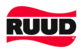 RUUD logo with black letters on a red wave-like shape.