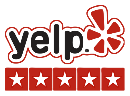 The red and black Yelp logo above five red rating stars.