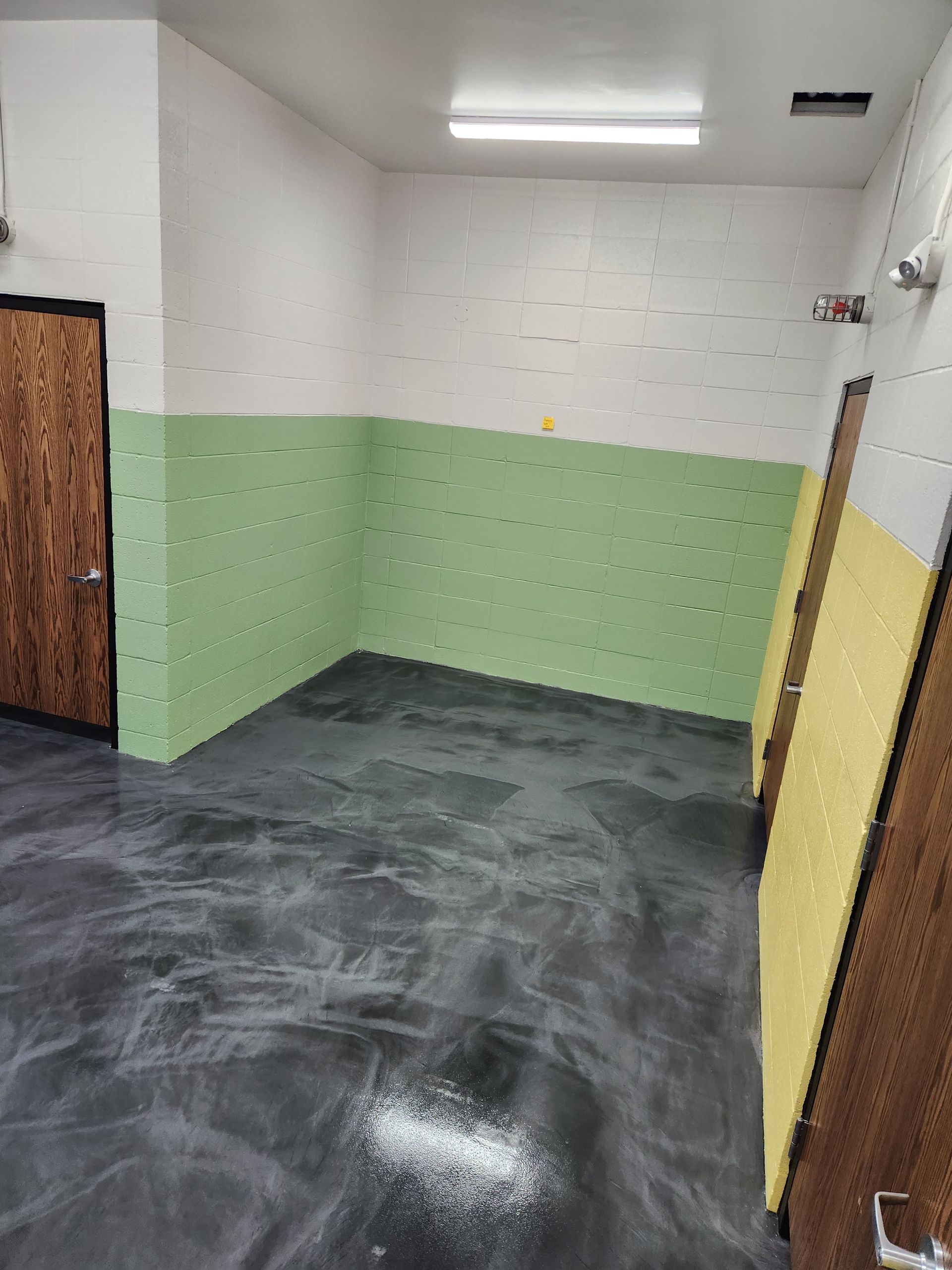Empty room with a dark, marbled-look floor, green and white walls, two wooden doors, and a ceiling light.