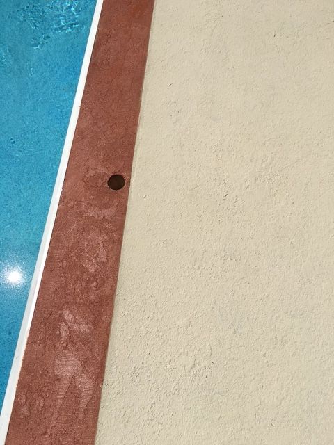 A small, dark object rolls along a brick-red pool edge beside light-colored concrete and blue water.