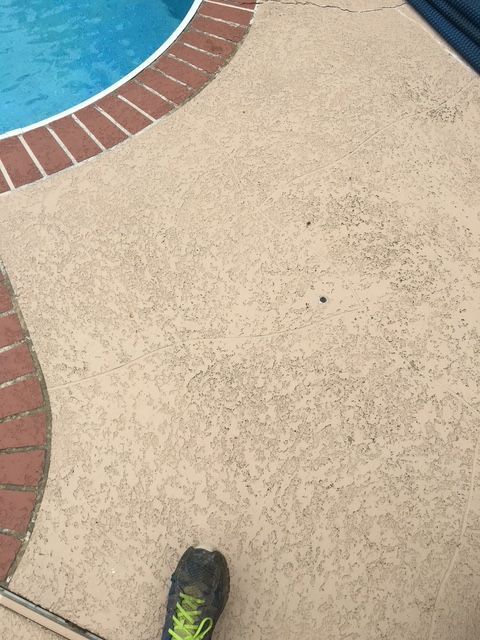 Poolside view: tan textured concrete, red brick border, blue pool water, and a foot wearing a black and neon green sneaker.