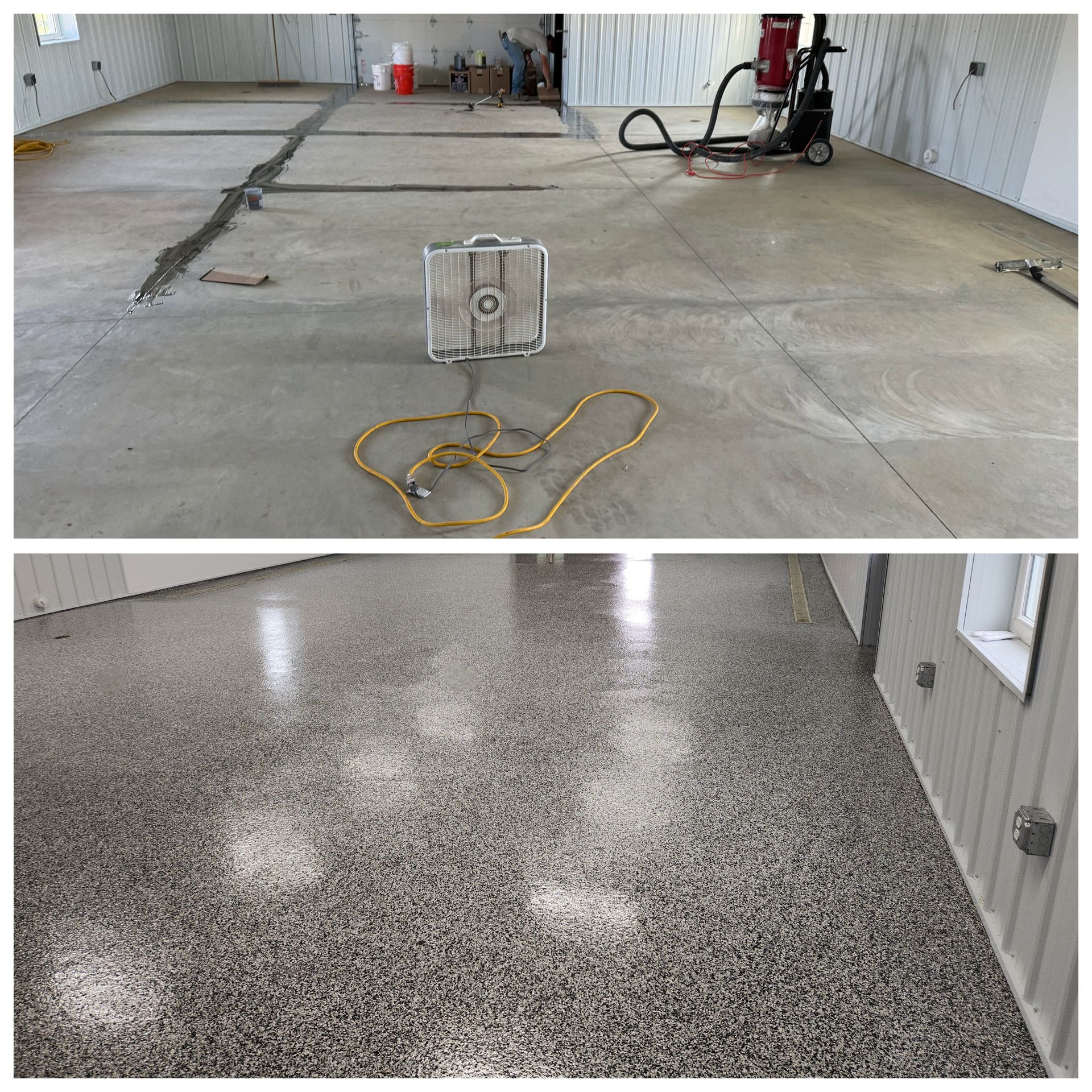 Before and after photos of a concrete floor. The before shows a raw concrete floor, the after reveals a polished, speckled surface.