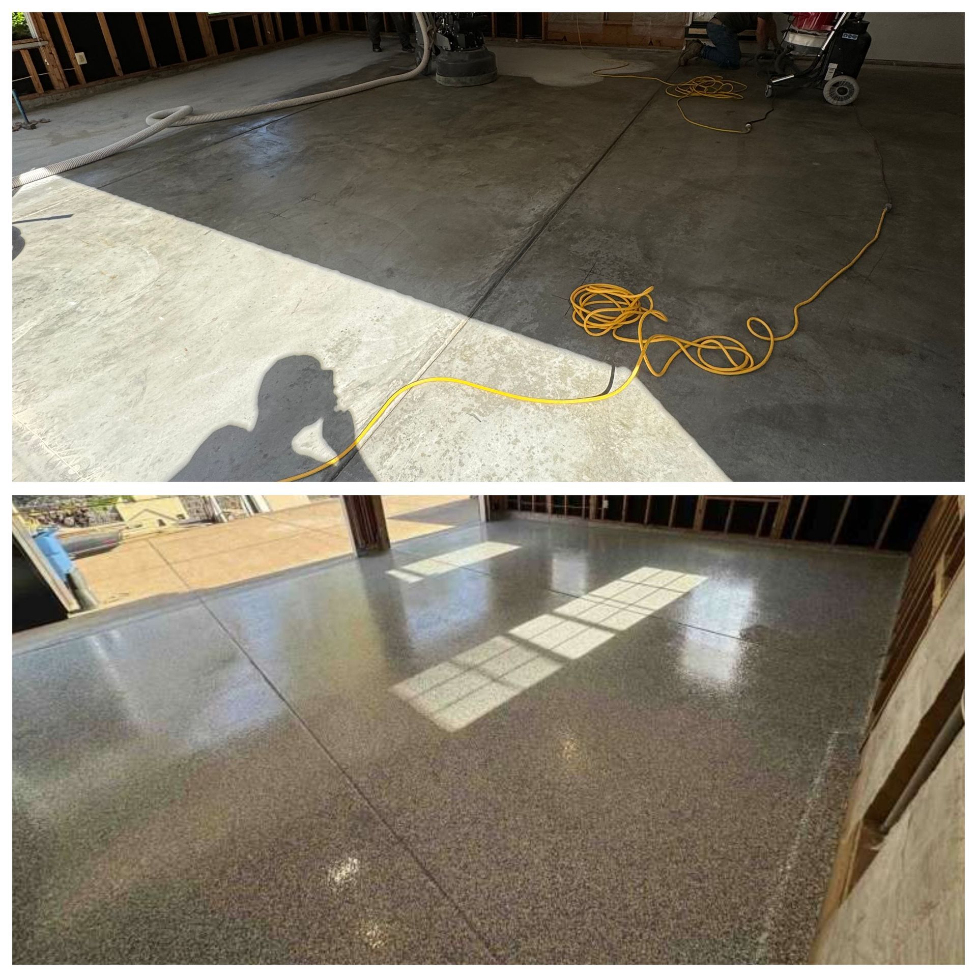 Before/after shot: Concrete floor being prepared, then sealed with a speckled, glossy epoxy finish.