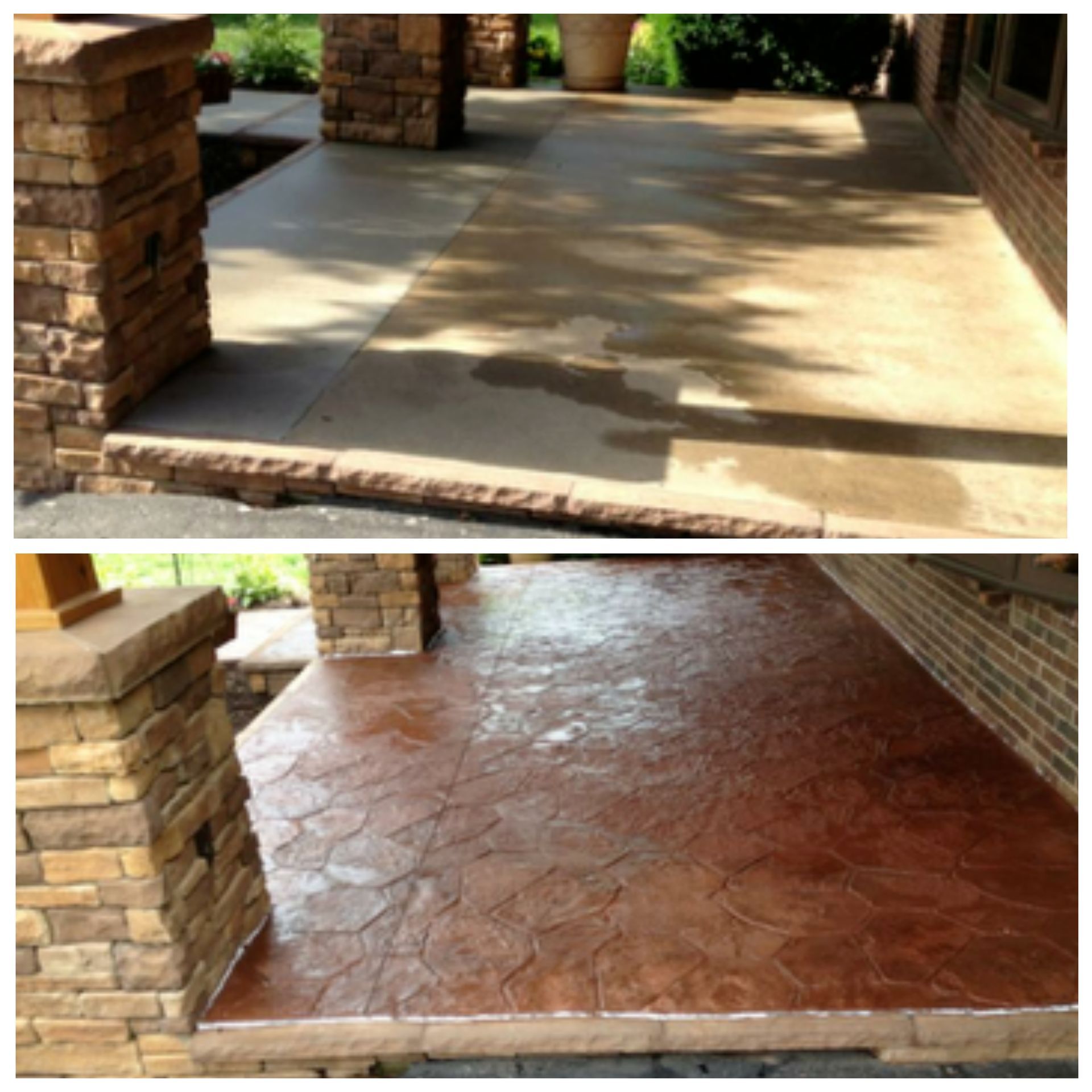Before and after of a concrete patio. The patio is stamped with a stone pattern and stained brown.