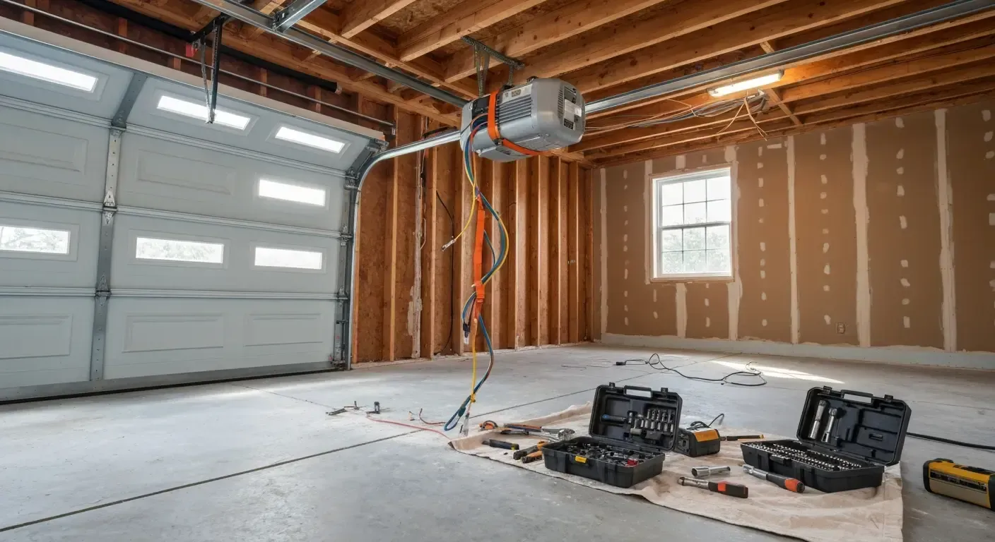 Interior of an unfinished garage with exposed studs, insulation, concrete floor, and construction tools.
