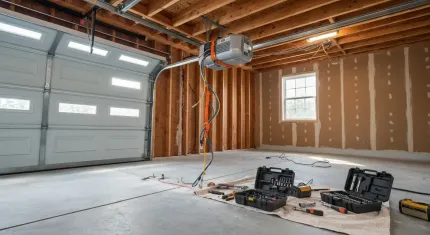Interior of an unfinished garage with exposed studs, insulation, concrete floor, and construction tools.