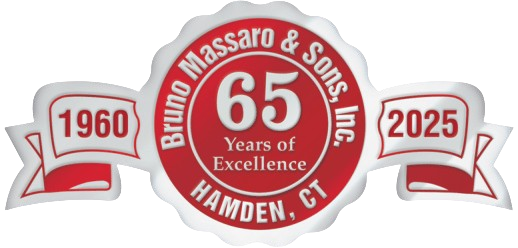 Logo for Bruno Massaro & Sons, Inc., celebrating 65 years of excellence in Hamden, CT, 1960-2025. Red and white.