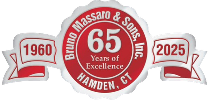 Logo for Bruno Massaro & Sons, Inc., celebrating 65 years of excellence in Hamden, CT, 1960-2025. Red and white.