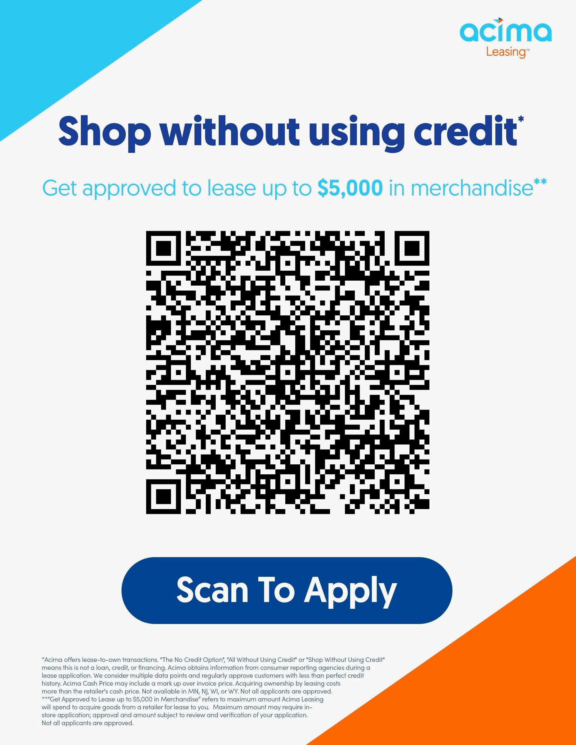 Advert for Acima, allowing shopping without credit. Contains a QR code and