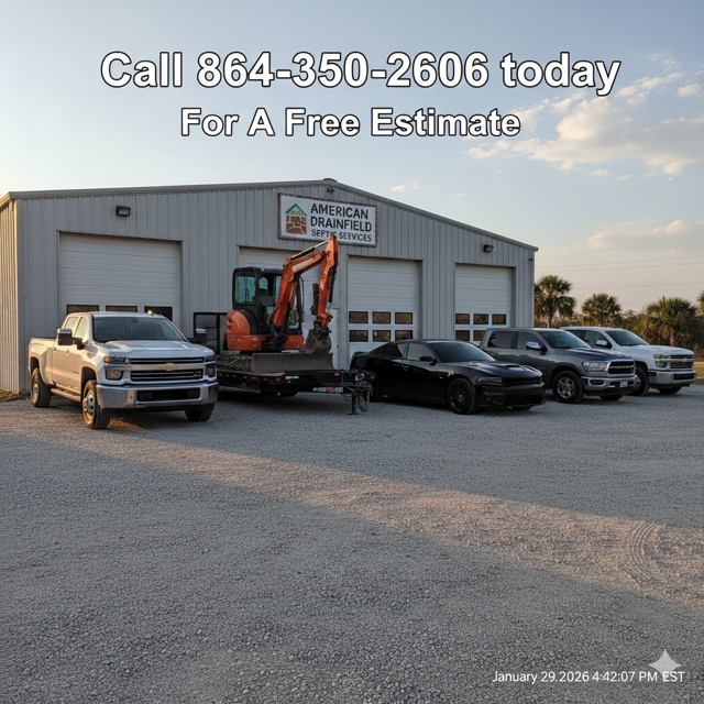 Excavation company lot with trucks and an orange excavator; text reads “Call 864-350-2606 today for a free estimate”