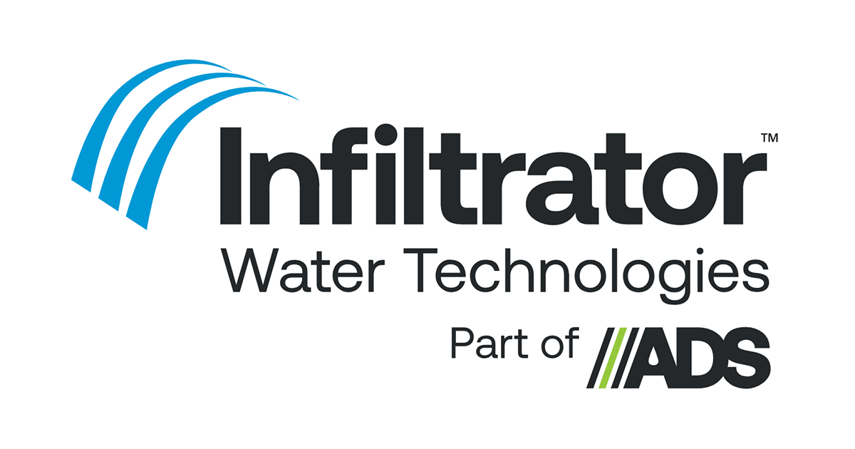 Infiltrator Water Technologies logo in black, blue, and green, with “Part of ADS” beneath.