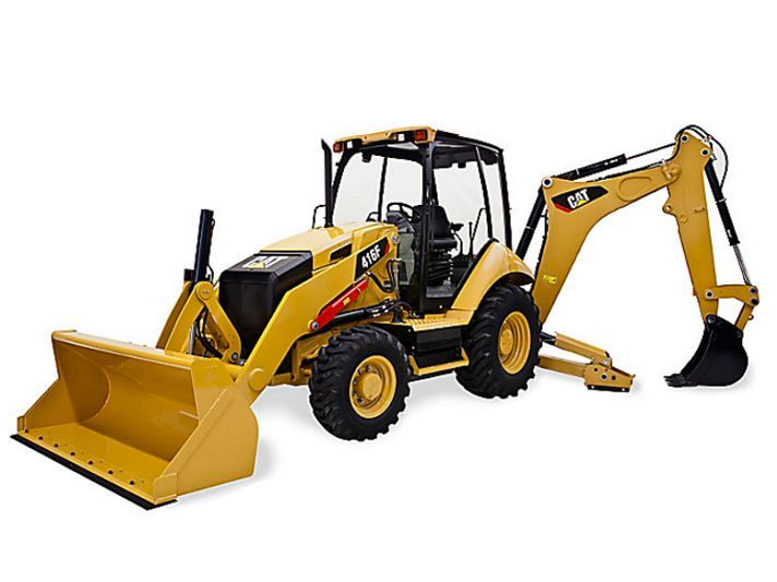 A yellow backhoe with a large bucket on a white background.
