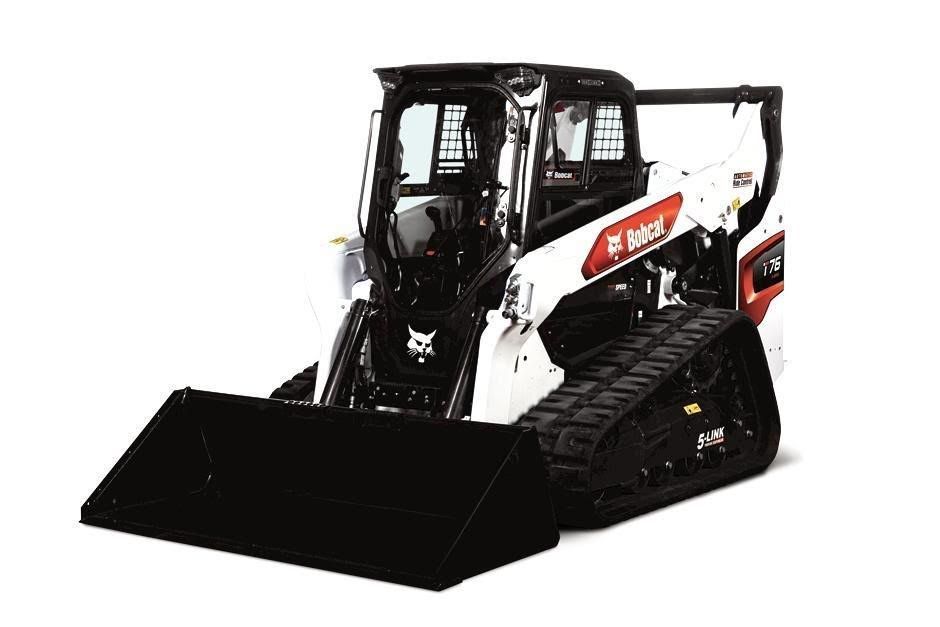 A bobcat track loader with a large bucket on a white background.