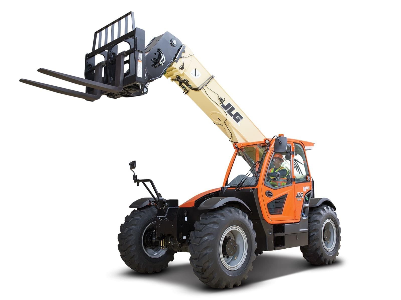 A telescopic forklift with a forklift attached to it on a white background.