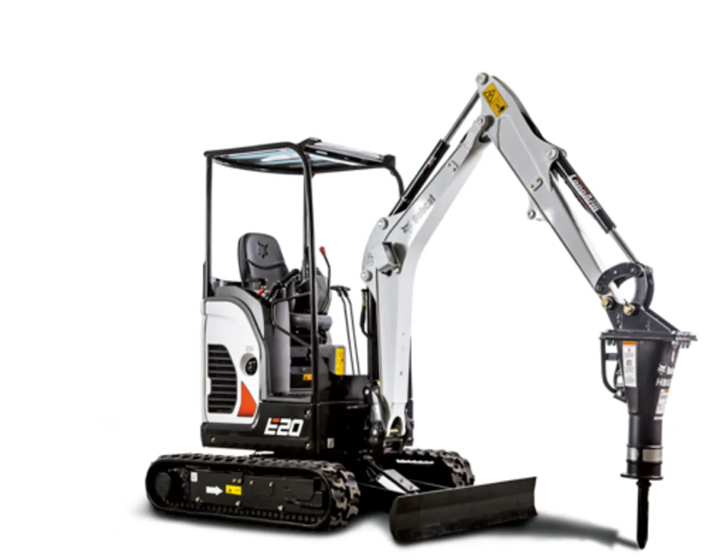 A small excavator with a hammer attached to it.