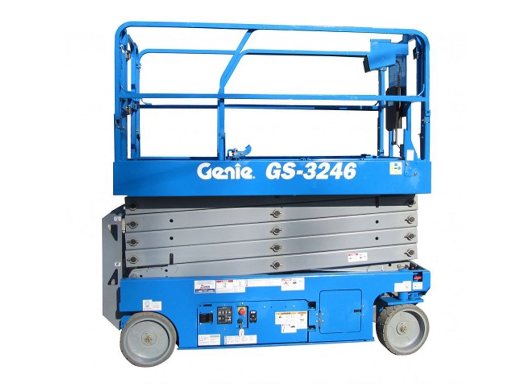 A genie gs-3246 scissor lift with wheels on a white background