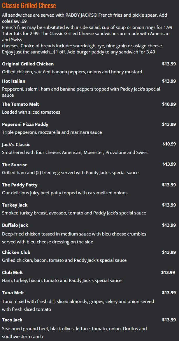 Paddy Jack's Grilled Sandwich Menu Sylvania, OH