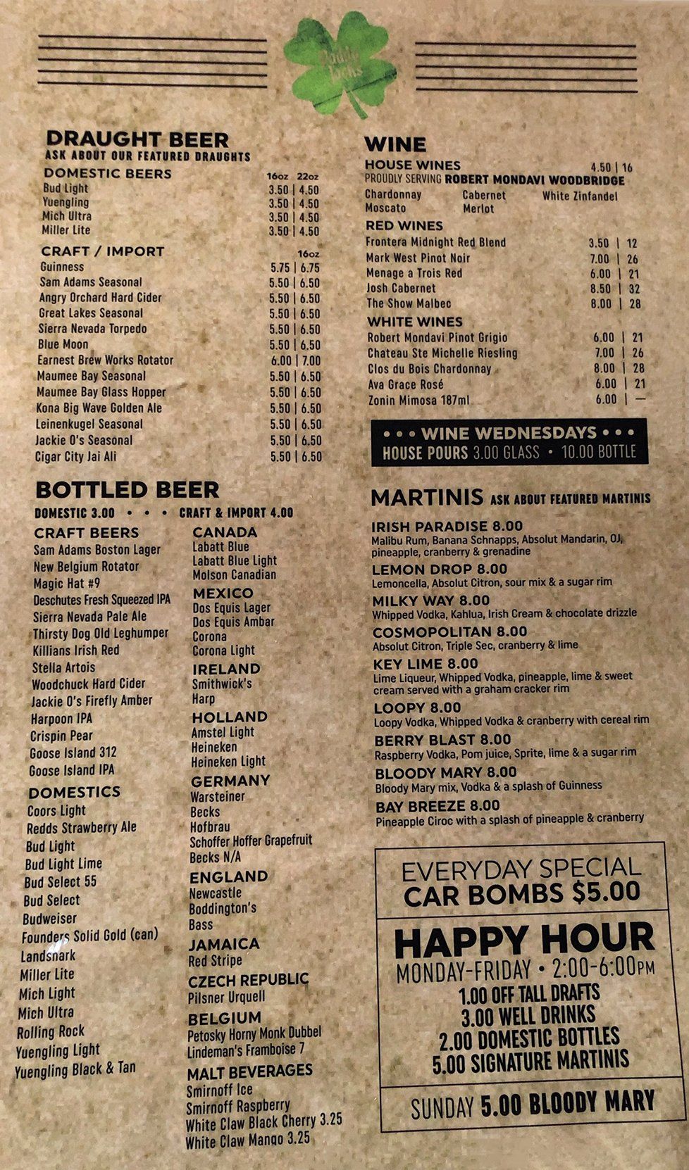 Paddy Jack's Live Drink Menu | Sylvania, OH