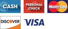 Cash, Personal Check, MasterCard, Discover, Visa