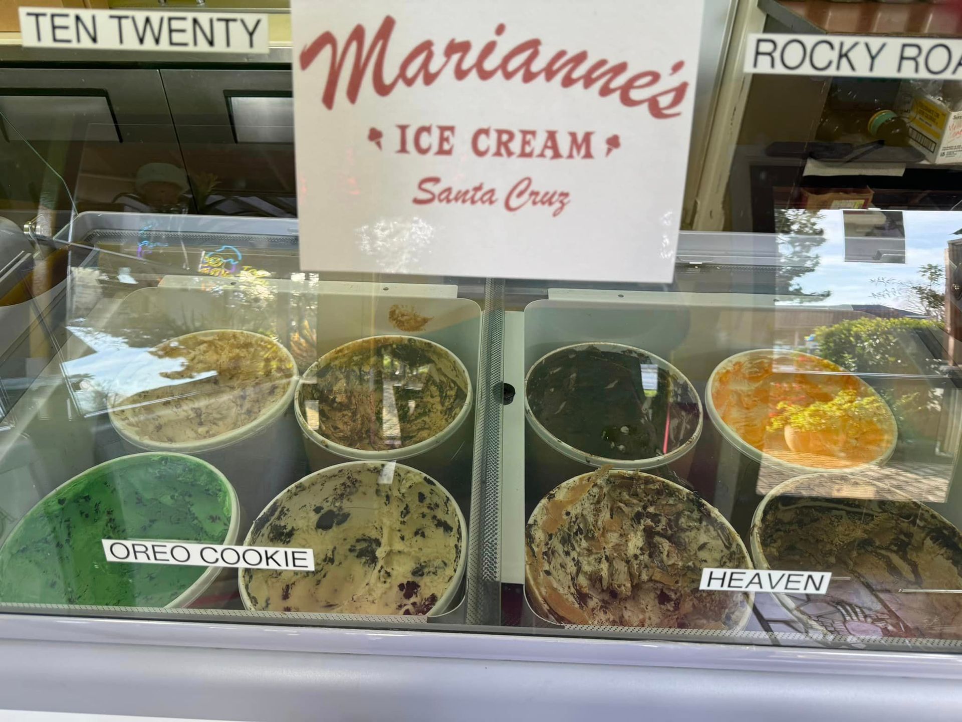 A display case of marianne 's ice cream in santa cruz