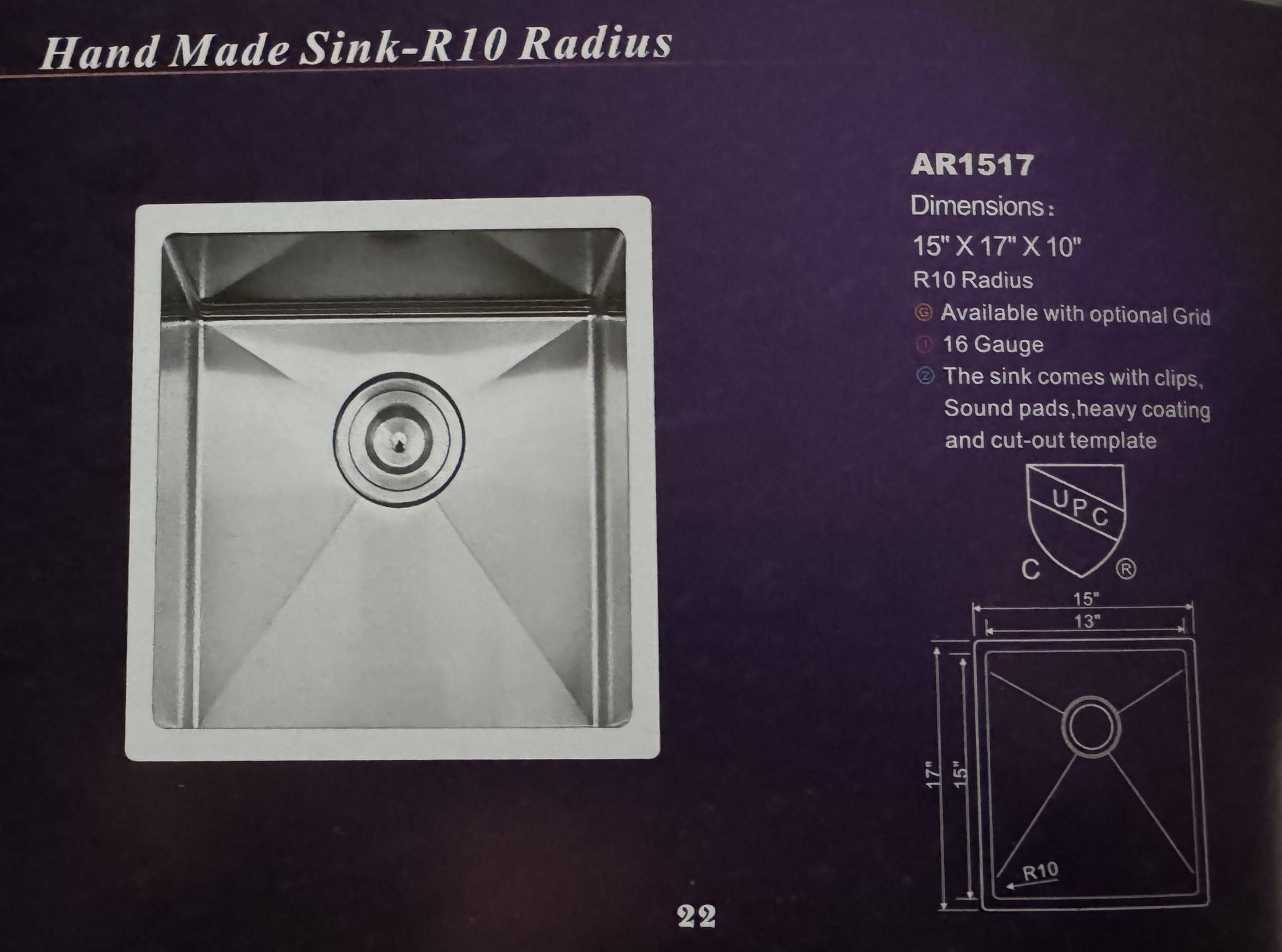 Stainless steel kitchen sink with R10 radius. Includes specifications and dimensions.