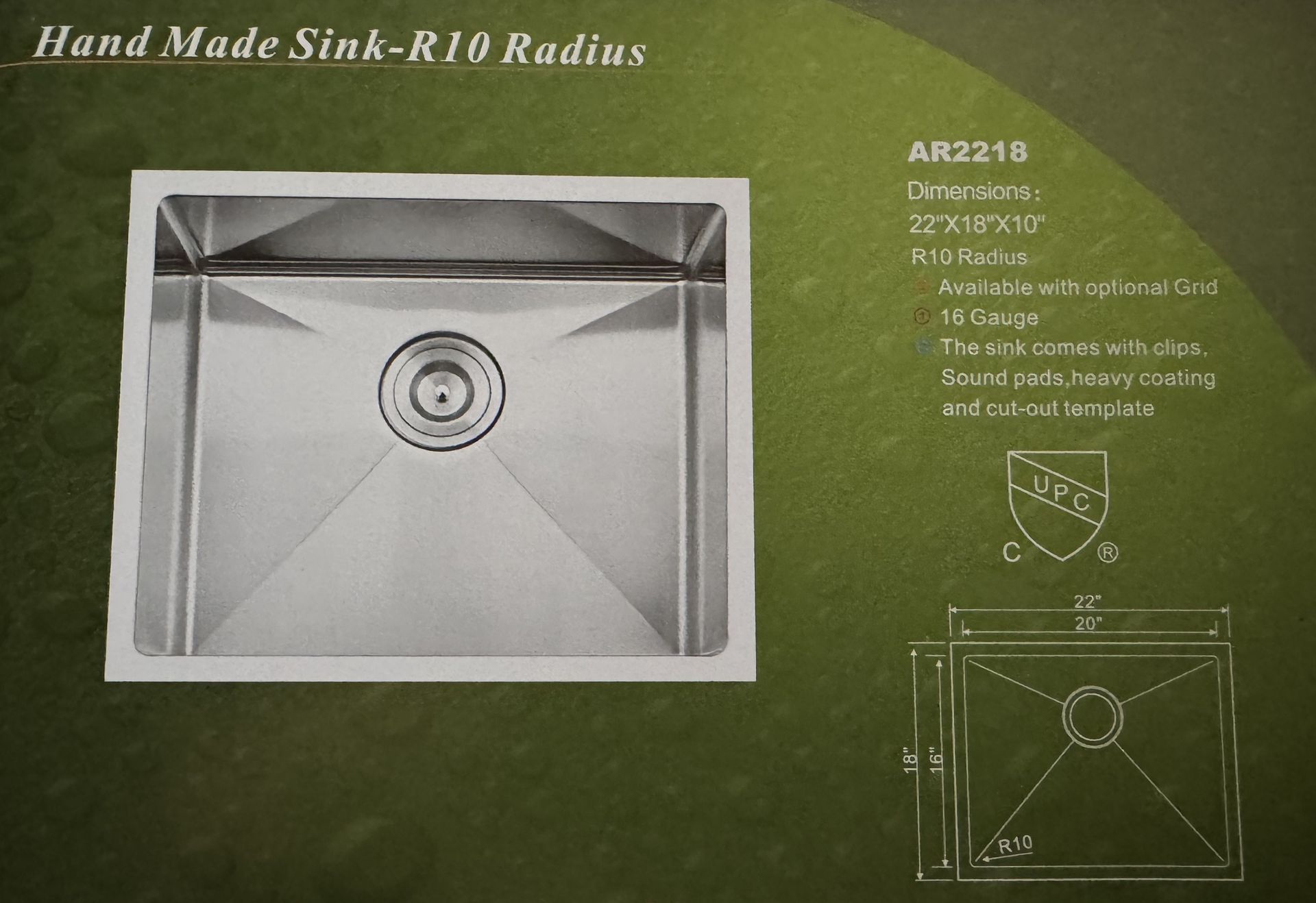 Stainless steel, handmade kitchen sink with a R10 radius. Includes dimensions and a diagram.