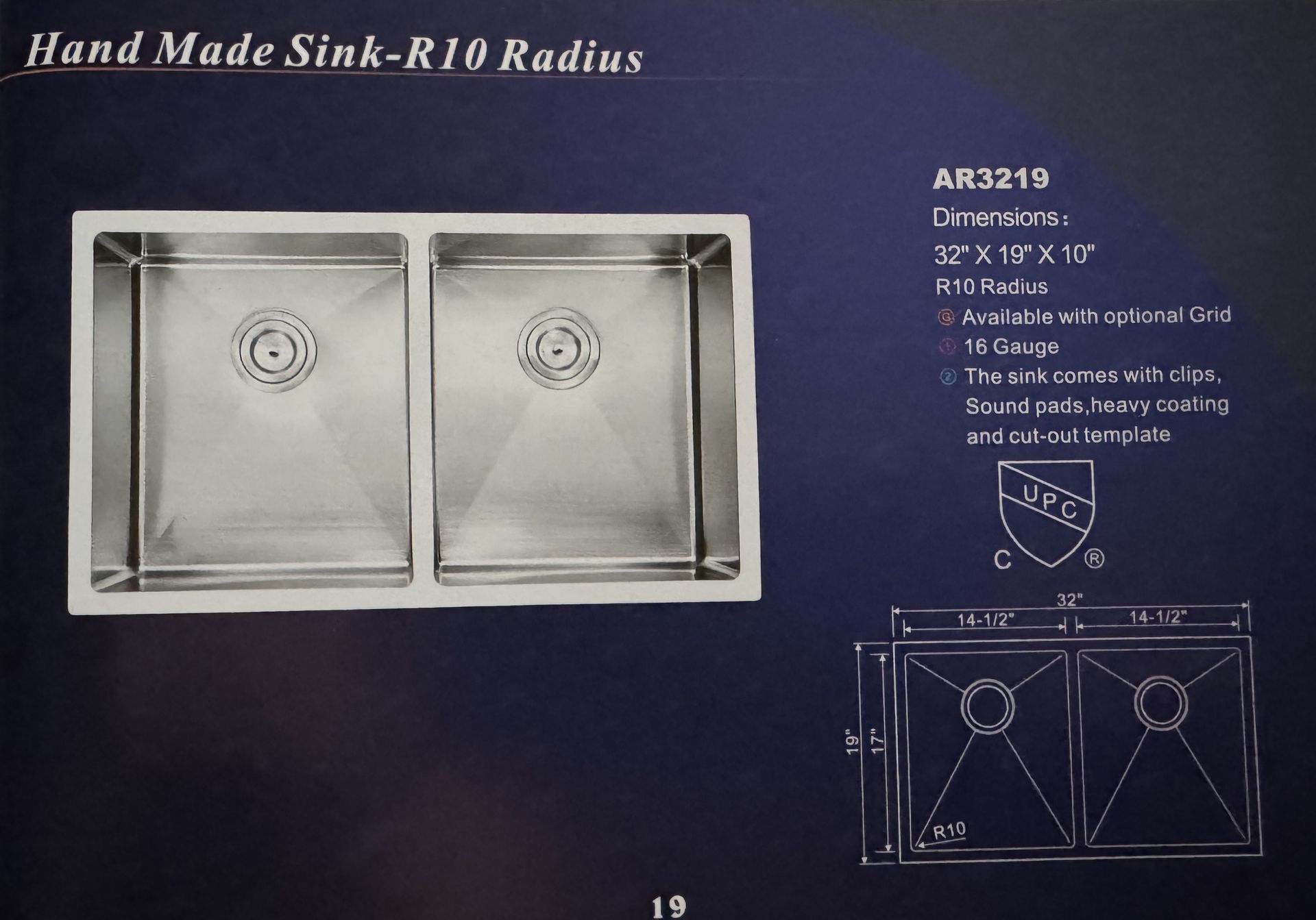 Stainless steel double sink with specifications and dimensions.