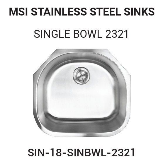 Stainless steel single bowl sink with model number 2321. It has a rounded bowl and angular exterior edges.