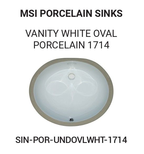 Oval white porcelain sink with a gray rim, from MSI.