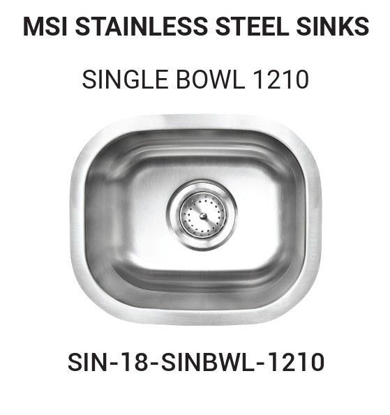 Stainless steel single bowl sink, model 1210. The drain is in the center of the rectangular bowl.