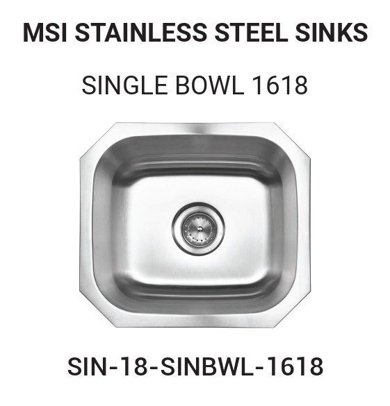 Stainless steel single bowl sink. The sink has a square shape with an octagon-like outer rim. The model is SIN-18-SINBWL-1618.