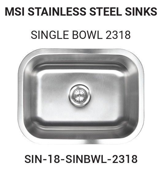 Stainless steel single bowl kitchen sink, model 2318, with drain, labeled 
