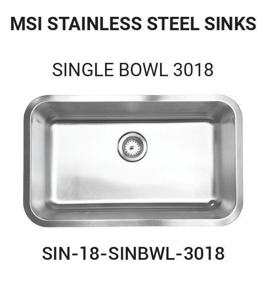 Stainless steel single bowl sink with drain. The text reads 