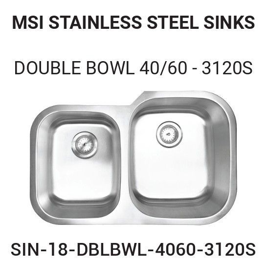 Stainless steel double bowl sink with 40/60 split from MSI. Model SIN-18-DBLBWL-4060-3120S.
