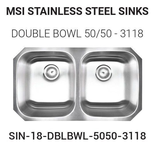 Stainless steel double bowl kitchen sink, MSI brand, with 50/50 bowls. Product code: SIN-18-DBLBWL-5050-3118.