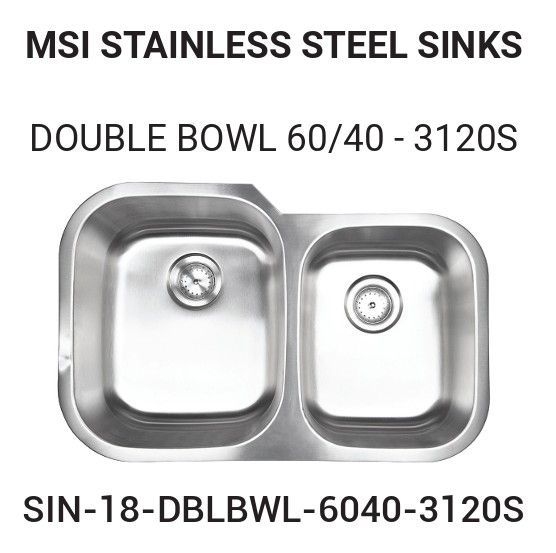 Stainless steel double bowl kitchen sink with 60/40 split, product details in text below.