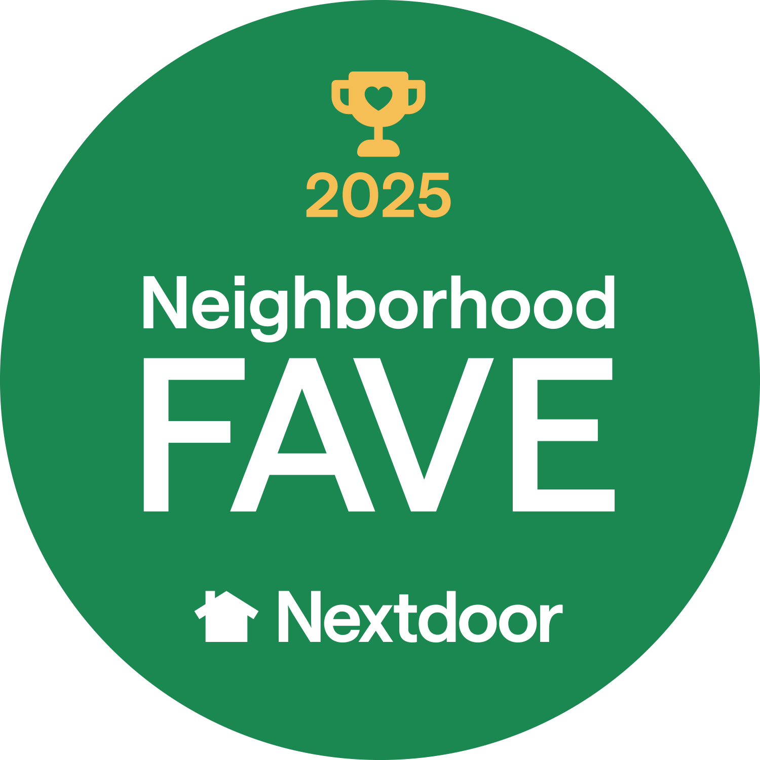 Green circle with Neighborhood FAVE 2025 and Nextdoor logo, indicating a favorite business.