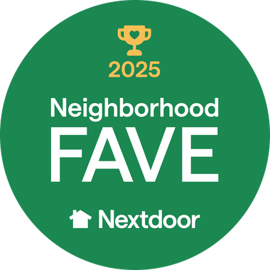 Green circle with Neighborhood FAVE 2025 and Nextdoor logo, indicating a favorite business.