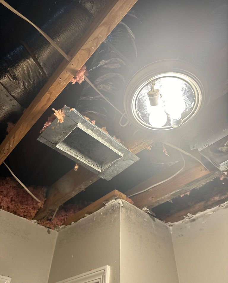 Ceiling damage with exposed beams, insulation, vent, and light fixture; smoke damage visible.