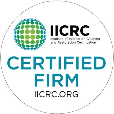IICRC Certified Firm logo: white circle with blue and green globe, text CERTIFIED FIRM, and IICRC.org.