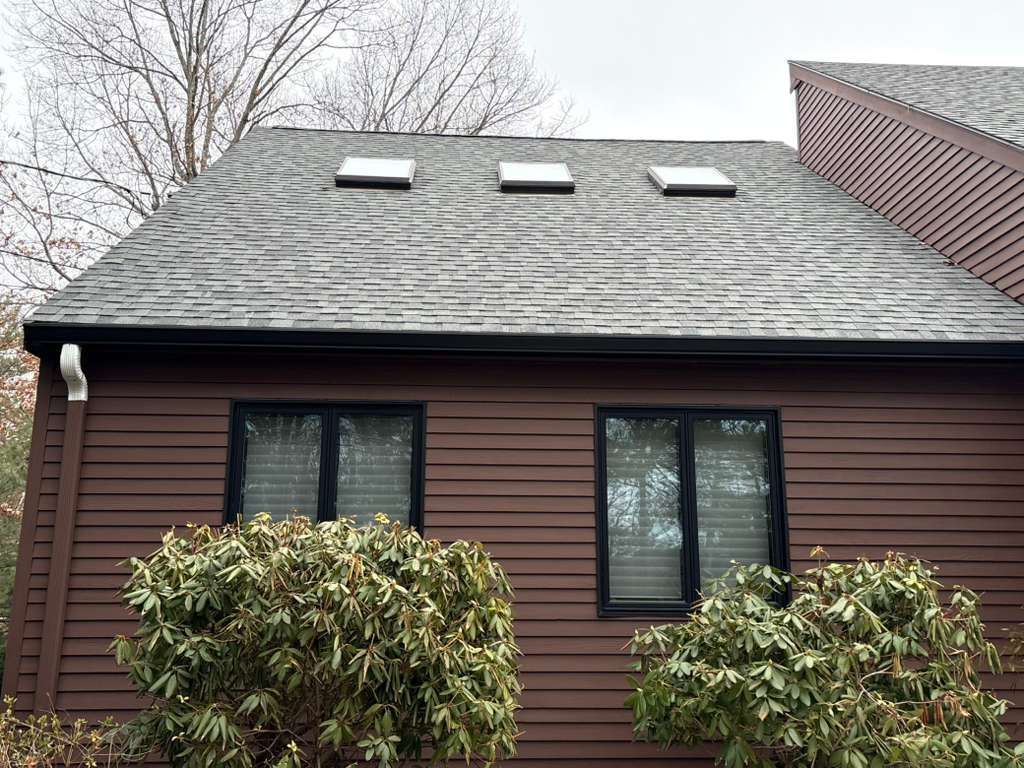 Brown house with dark shingled roof, three skylights, and shrubs in front